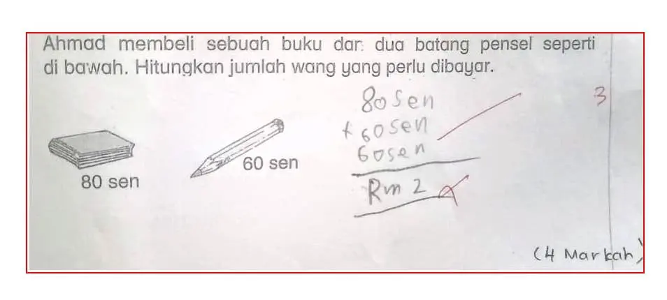 M'sian student writes RM2 instead of 200 sen for Math question