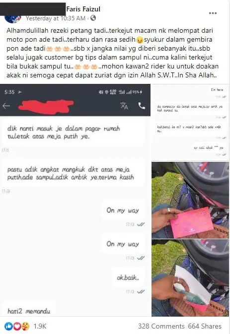 "I almost jump off from my motorcycle!" FoodPanda rider receives RM1K tip from customer