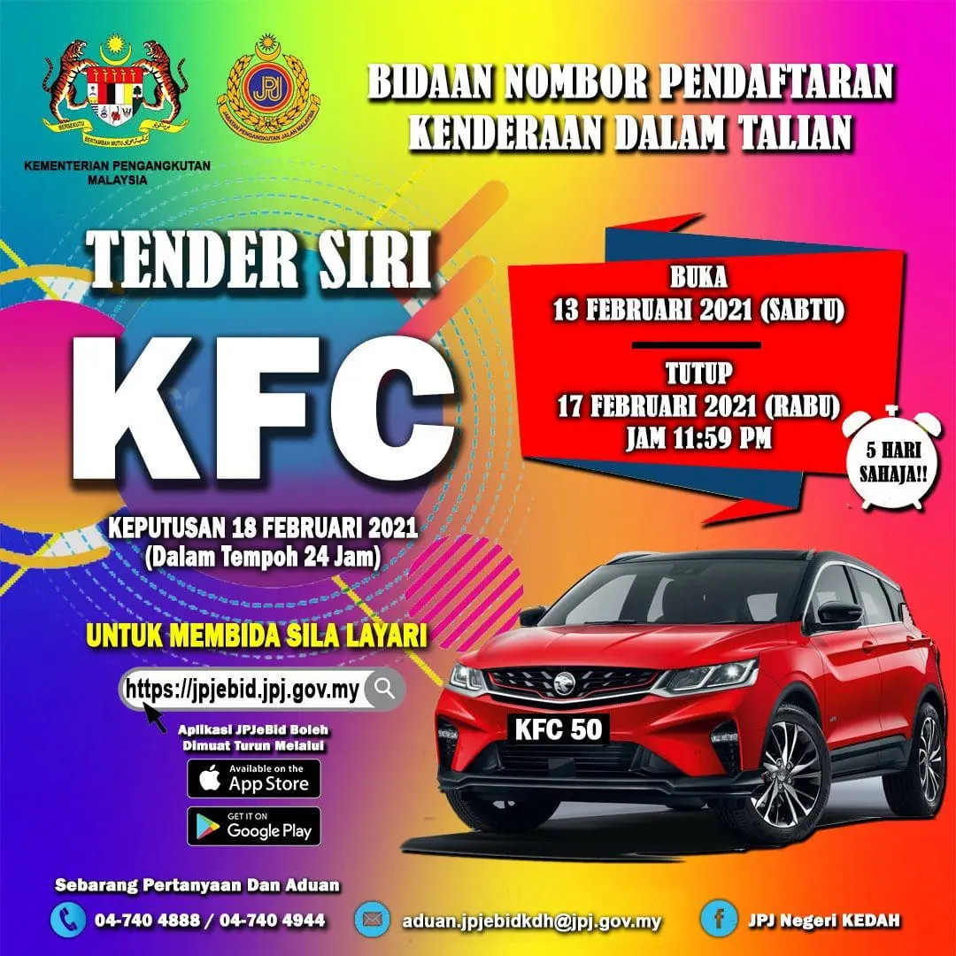 Calling all fried chicken lovers! 'KFC' car number plates up for grabs on JPJ website