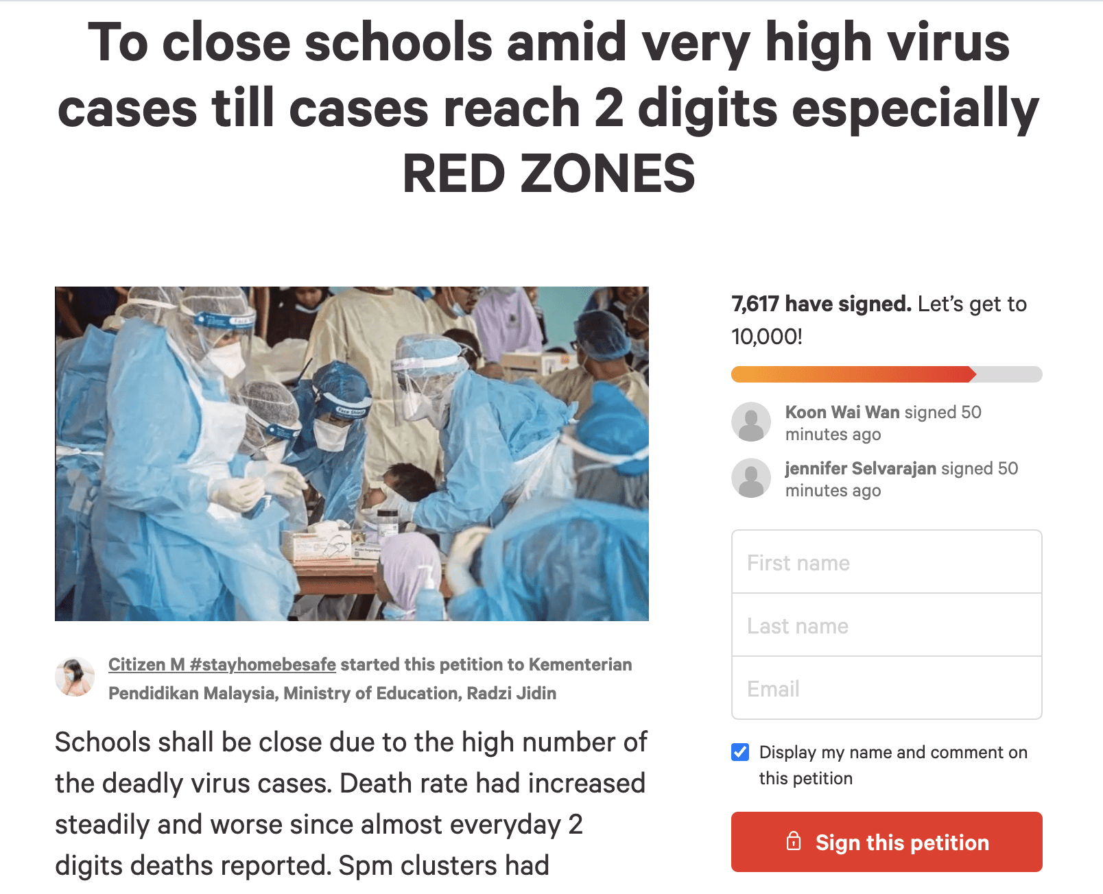 Concerned parents sign a petition to protest sending children back to school