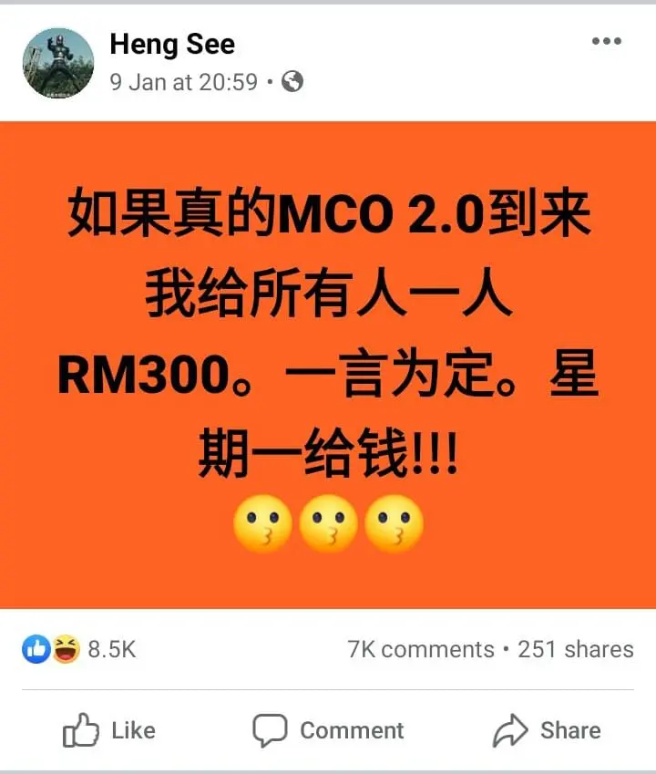 A netizen in million-dollar debt after an RM300 bet with everyone about MCO 2.0