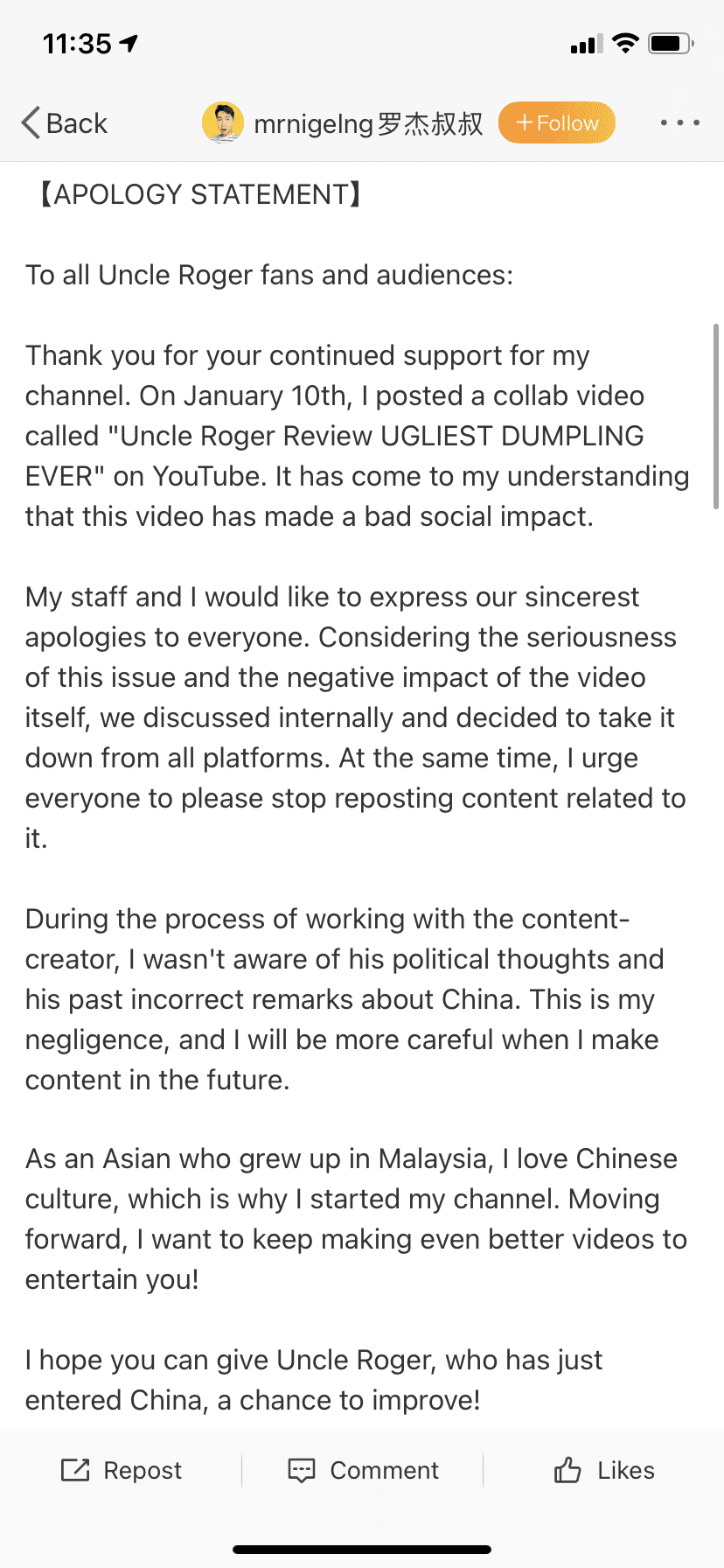 'Uncle Roger' apologises on Weibo after featuring YouTuber who criticised China