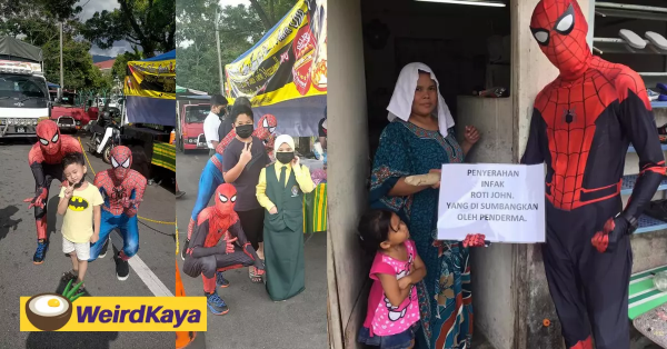 Policeman "employs" Spiderman to sell Roti John to help needy folks