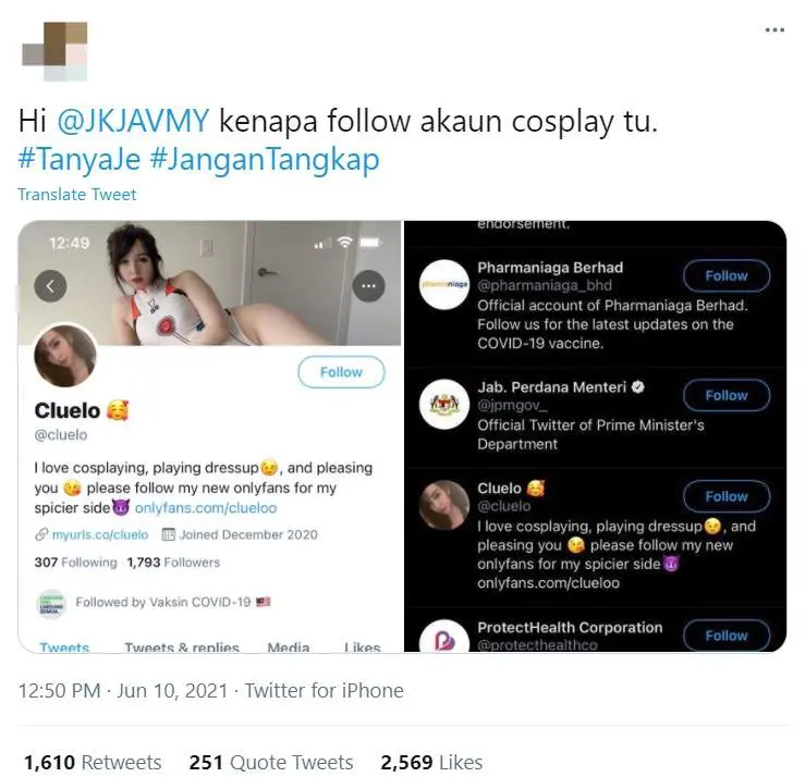 "#TanyaJe" JKJAV caught following a sexy cosplayer's account on Twitter