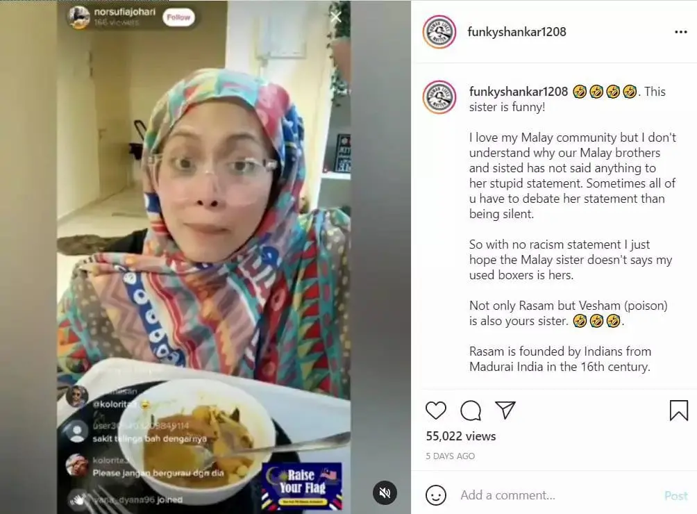 Woman apologizes for "penumpang" remark after online spat over rasam recipe