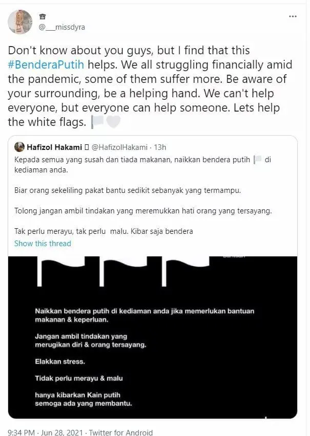 "Raise a white flag if you need help!" M'sians urged to seek out and assist the needy