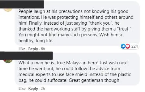 Uncle with absurd face shield generously treats frontliners to lunch after his jab