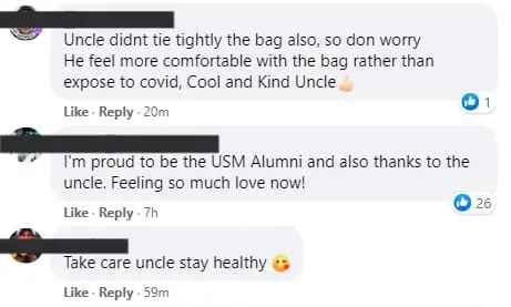 Uncle with absurd face shield generously treats frontliners to lunch after his jab