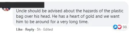 Uncle with absurd face shield generously treats frontliners to lunch after his jab