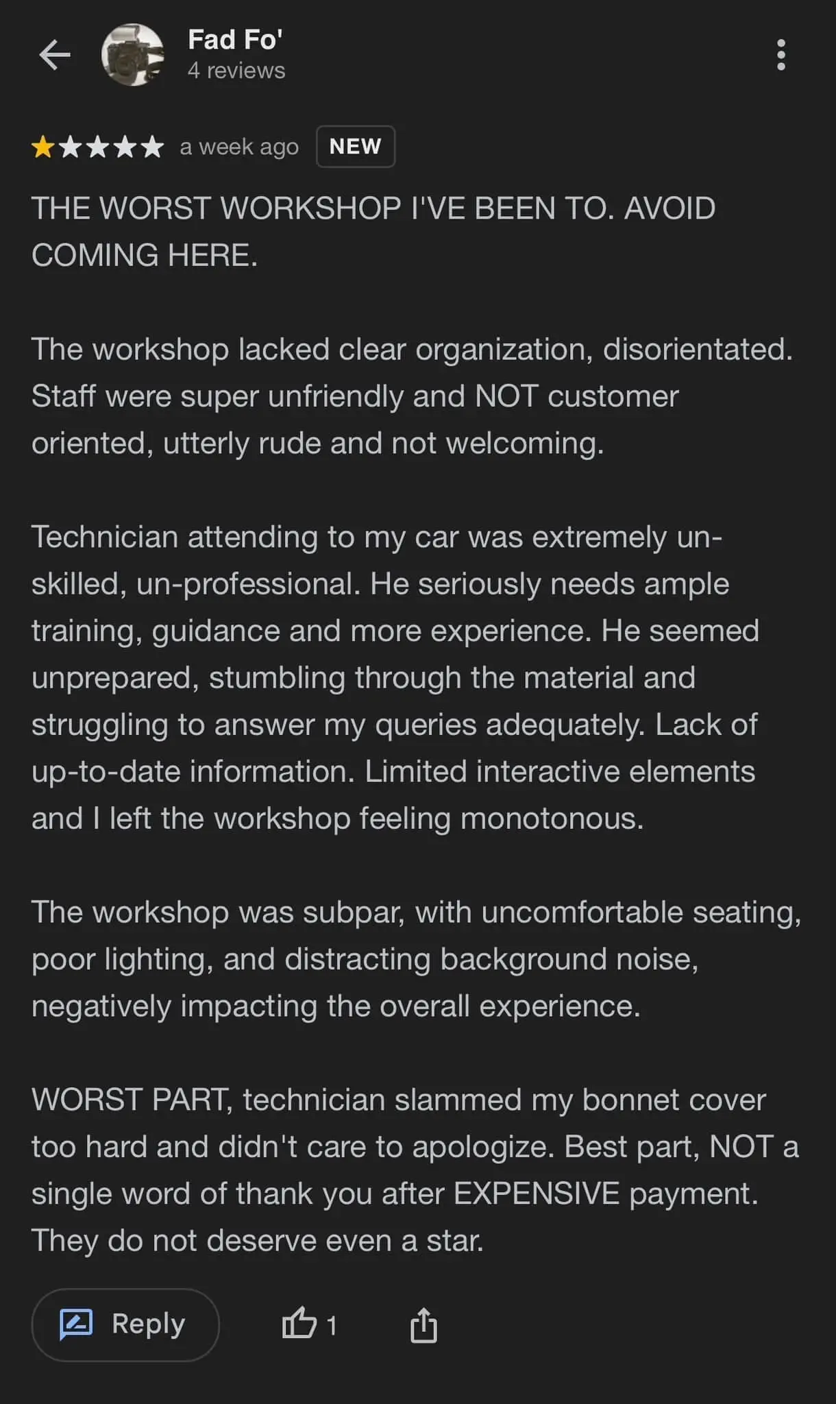 Customer's bad review at  JDMH Autoservice, Masai, Johor.