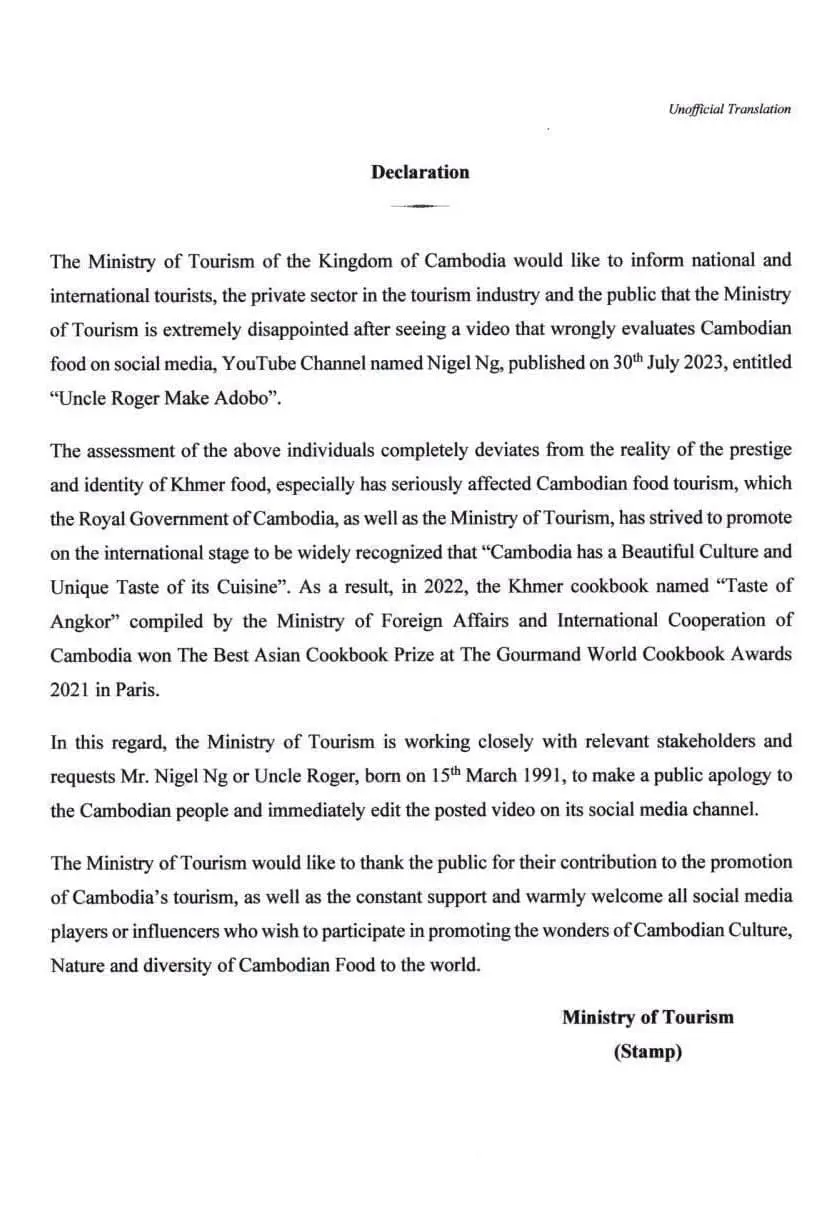 Cambodian Govt Demands Uncle Roger To Publicly Apologise For Saying Their Food Isn't Good