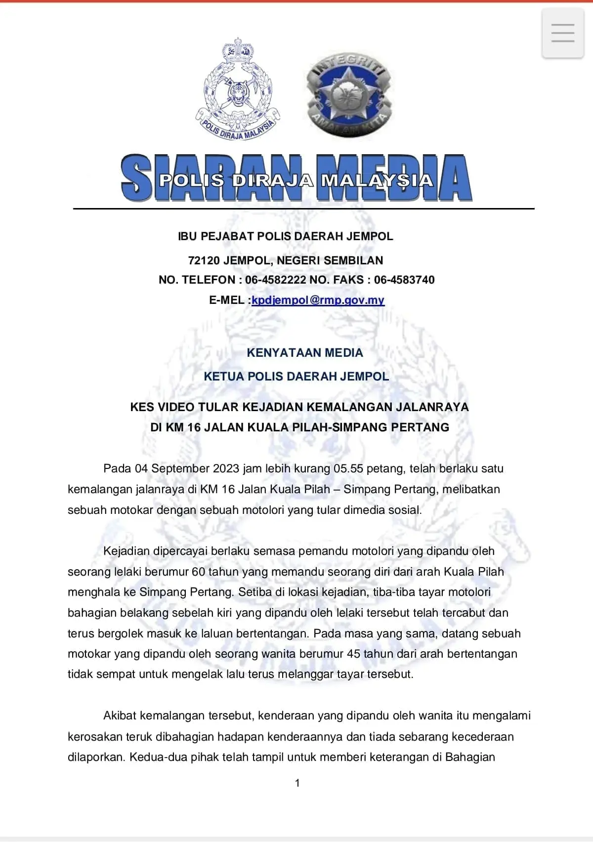 Jempol Police Statement