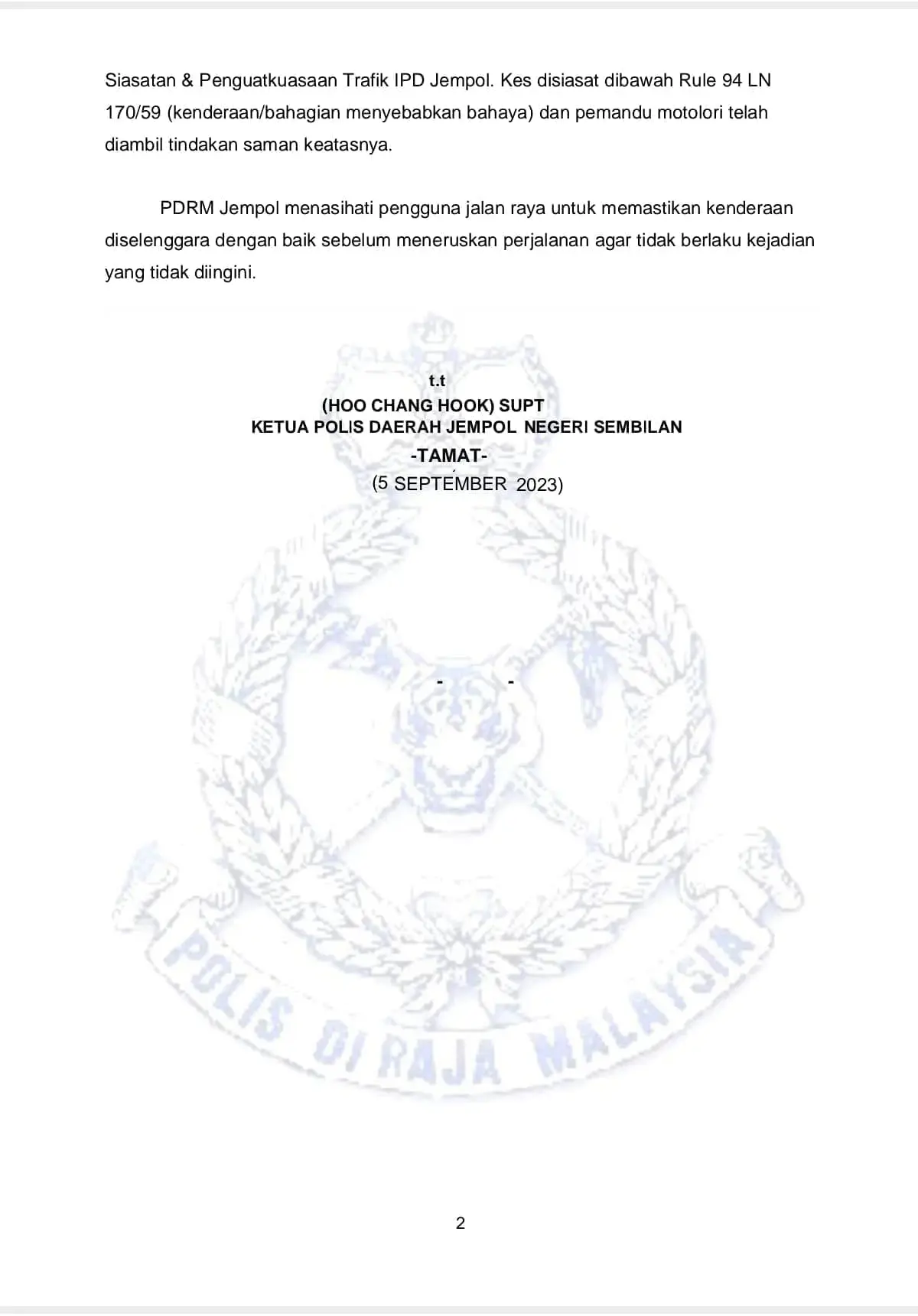 Jempol Police Statement