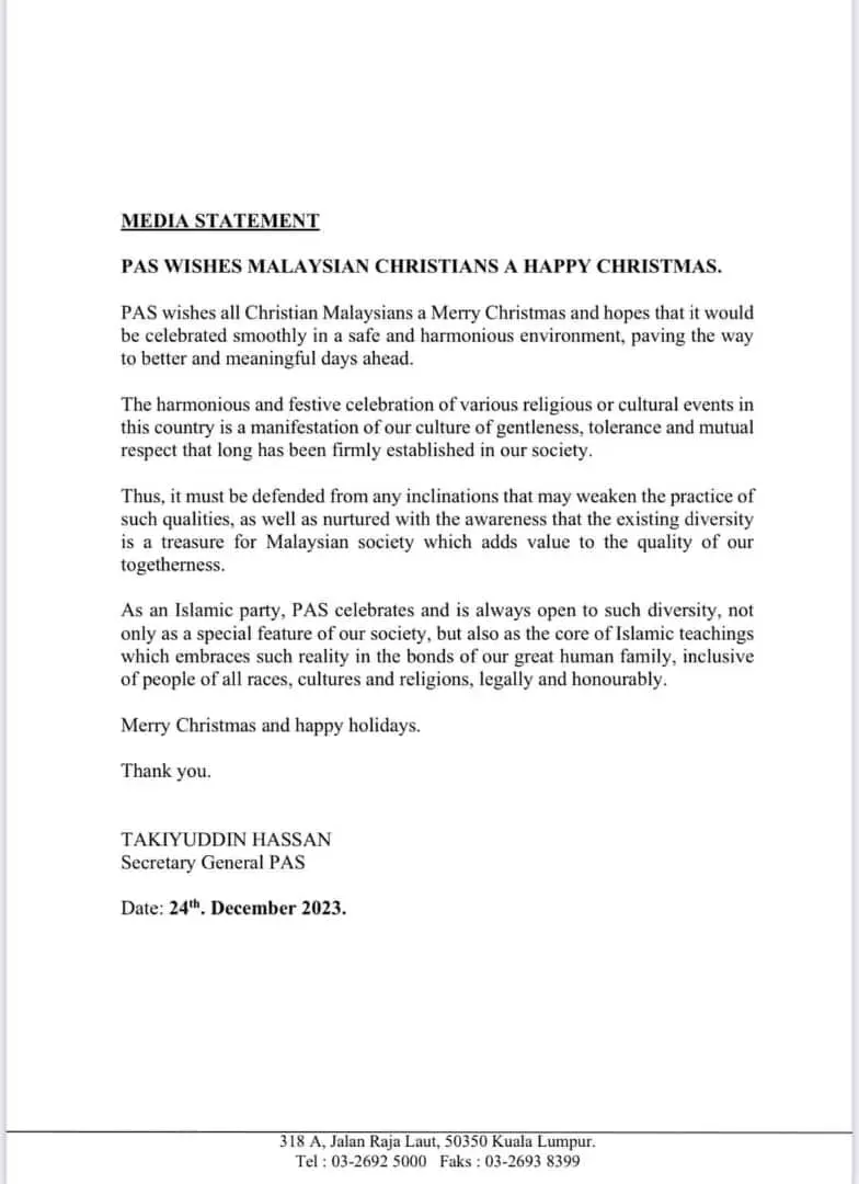 PAS Wishes Happy Christmas To Malaysian Christians