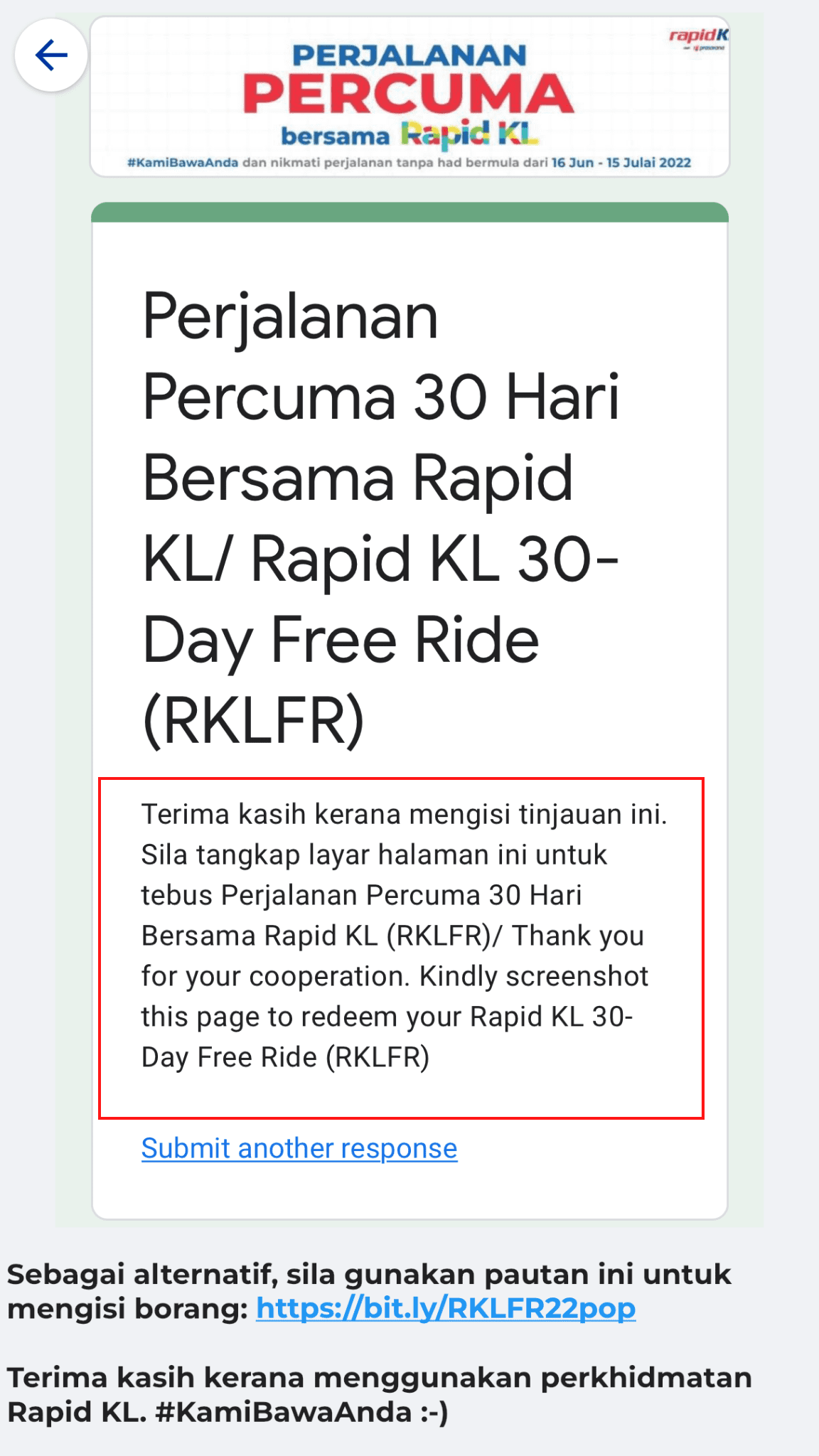 My50 users can claim additional one month free ride in RapidKL