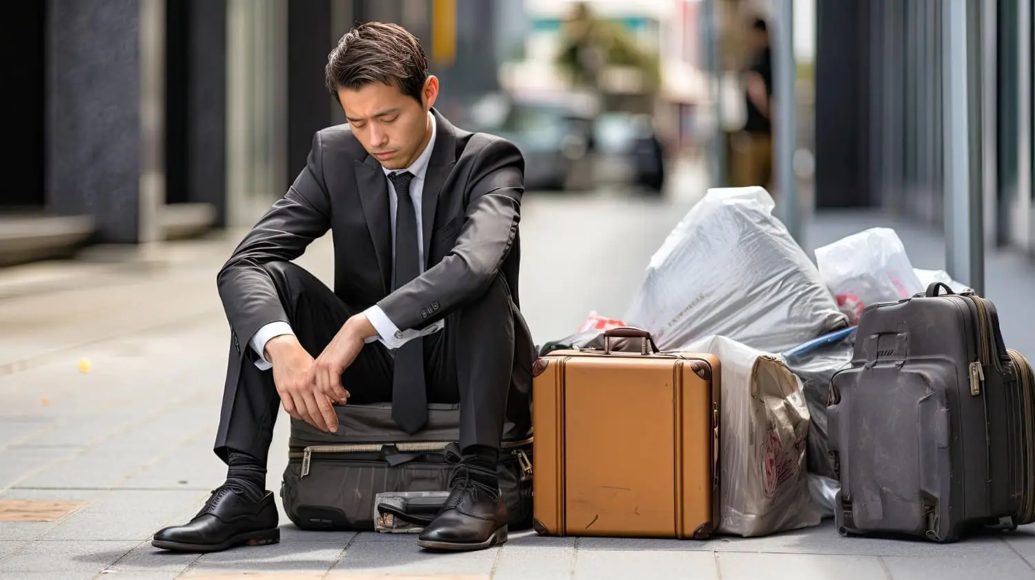 A sad man sitting outside with all of his luggage
