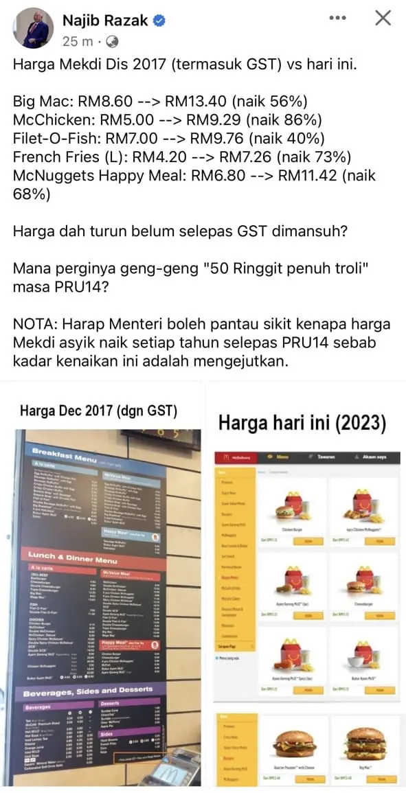 Najib Razak's McD's Facebook post