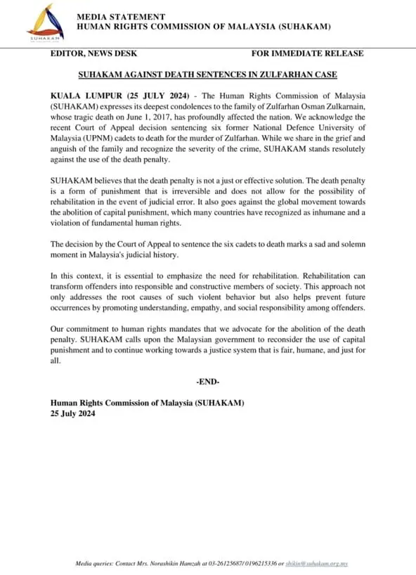 SUHAKAM media statement regarding death sentence for UPNM students