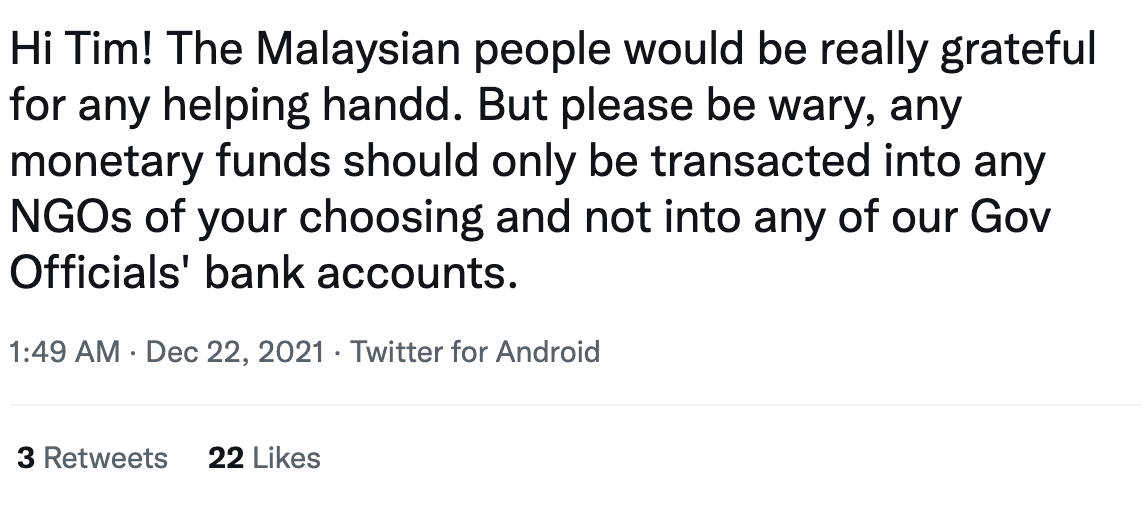 Dont donate to malaysian government, Malaysian told Tim Cook APPLE 3