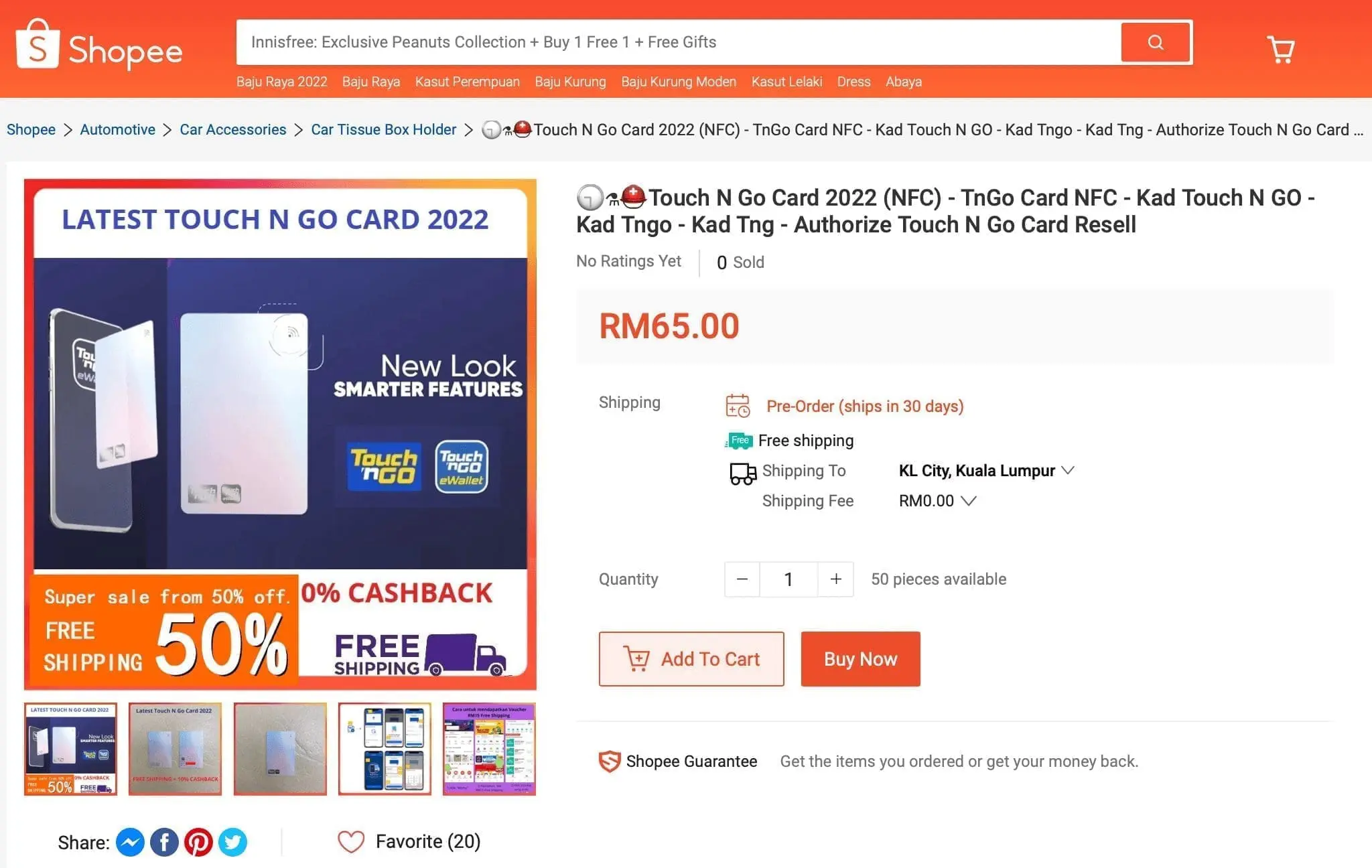 Enhanced Touch 'n Go card resold on Shopee & Carousell for RM65, 6 times higher than original price 02