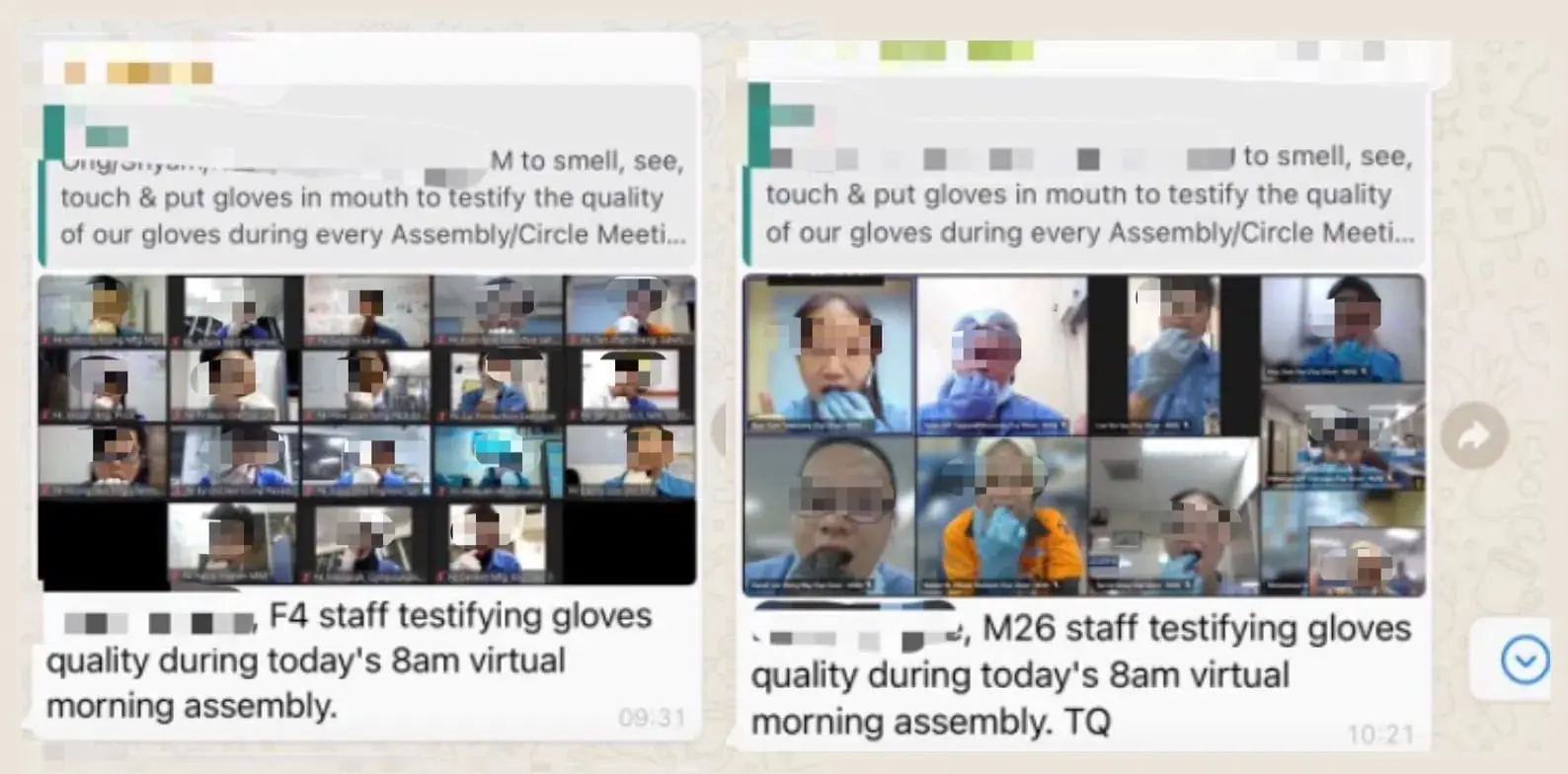 WhatsApp message screenshots of employees putting gloves in mouth.
