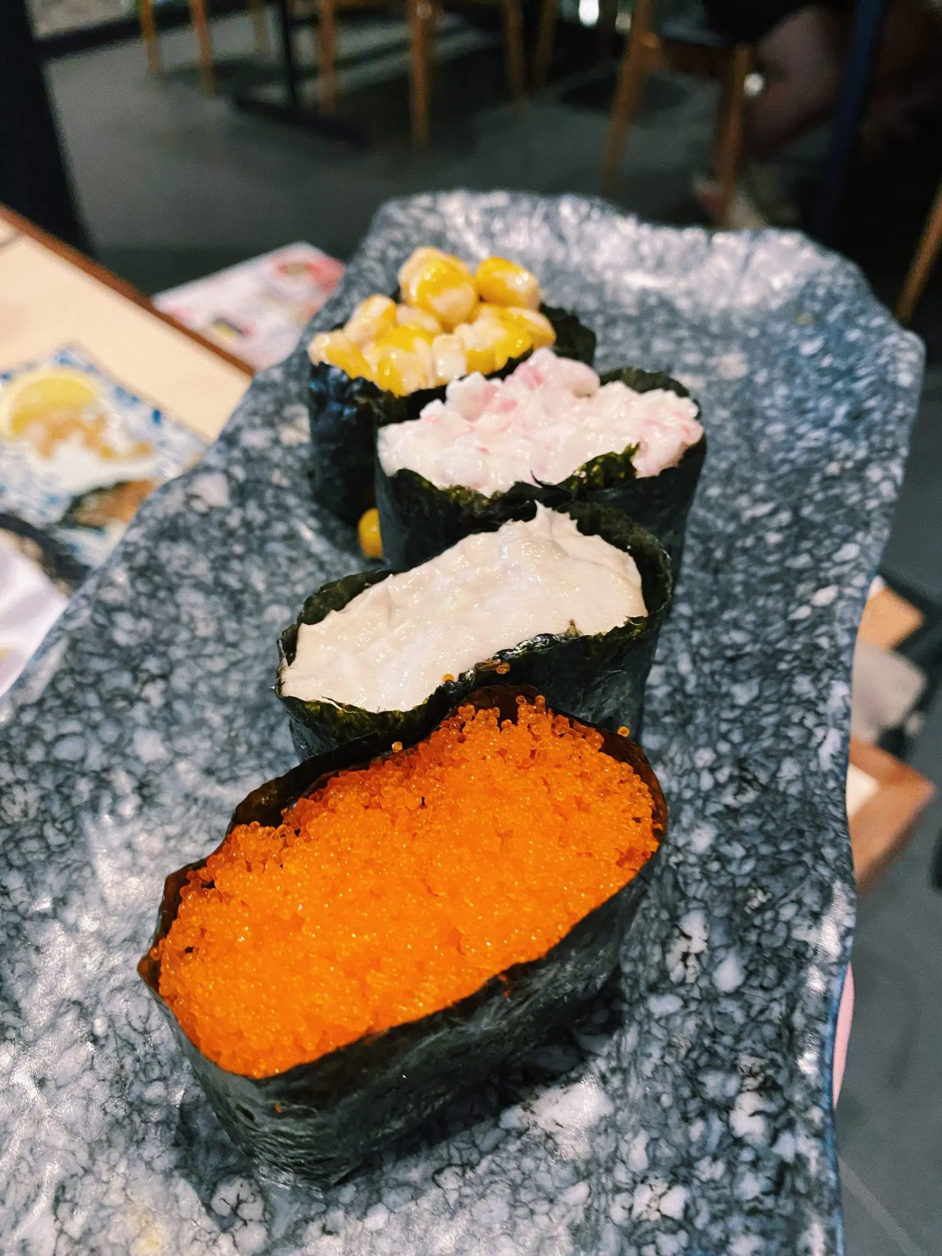 Gunkan Sushi - Ebikko,Tuna Mayo, Kani mayo and Corn Mayo