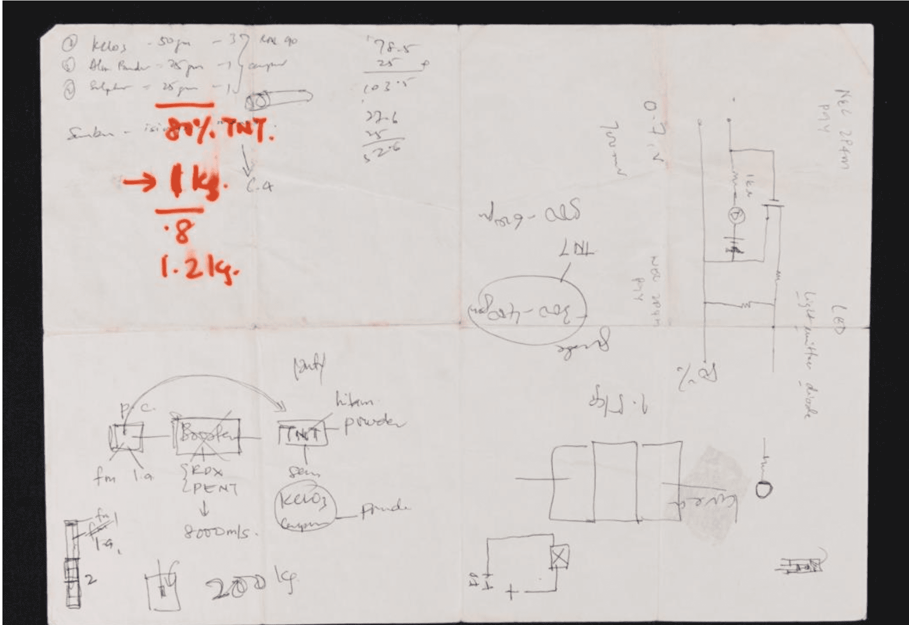 Hand-written notes by a JI member detailing the construction of explosives.