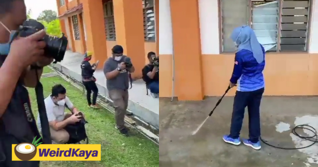 Netizens bash Rina Harun for using water jet to "wash" the floor of PPS centre which was already clean