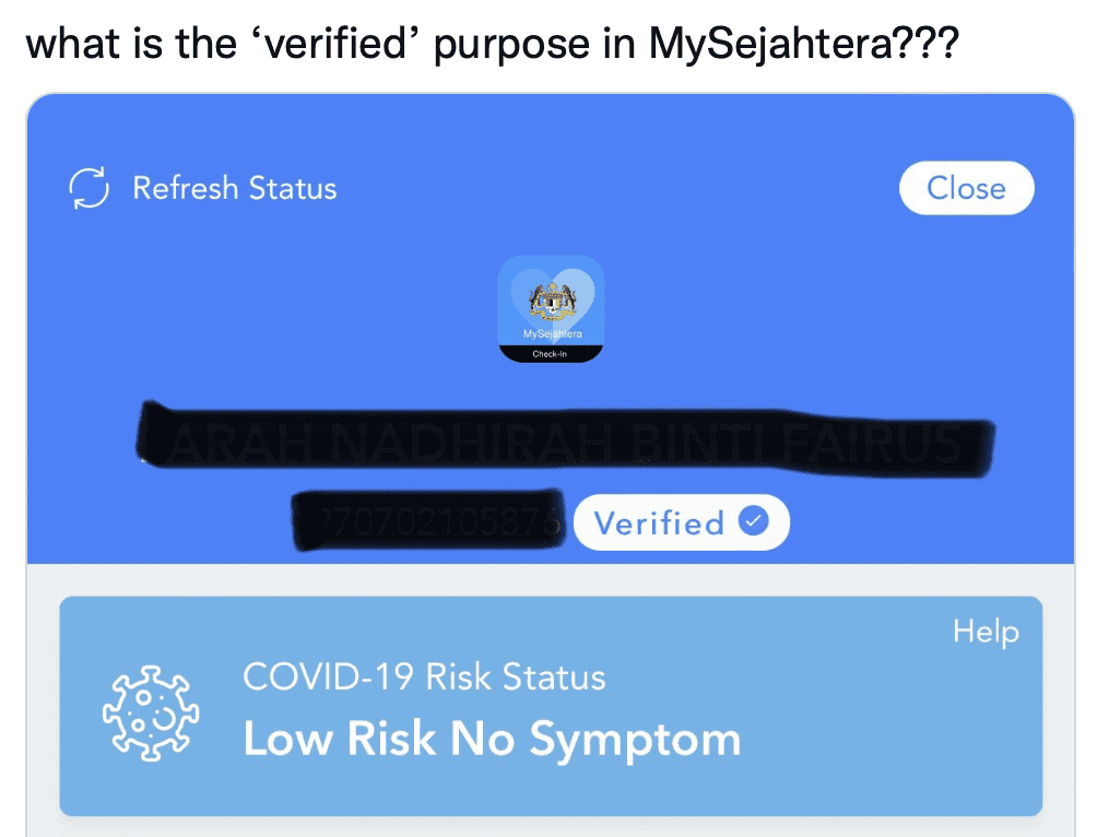 MySejahtera Blue tick verification comment 08 Question