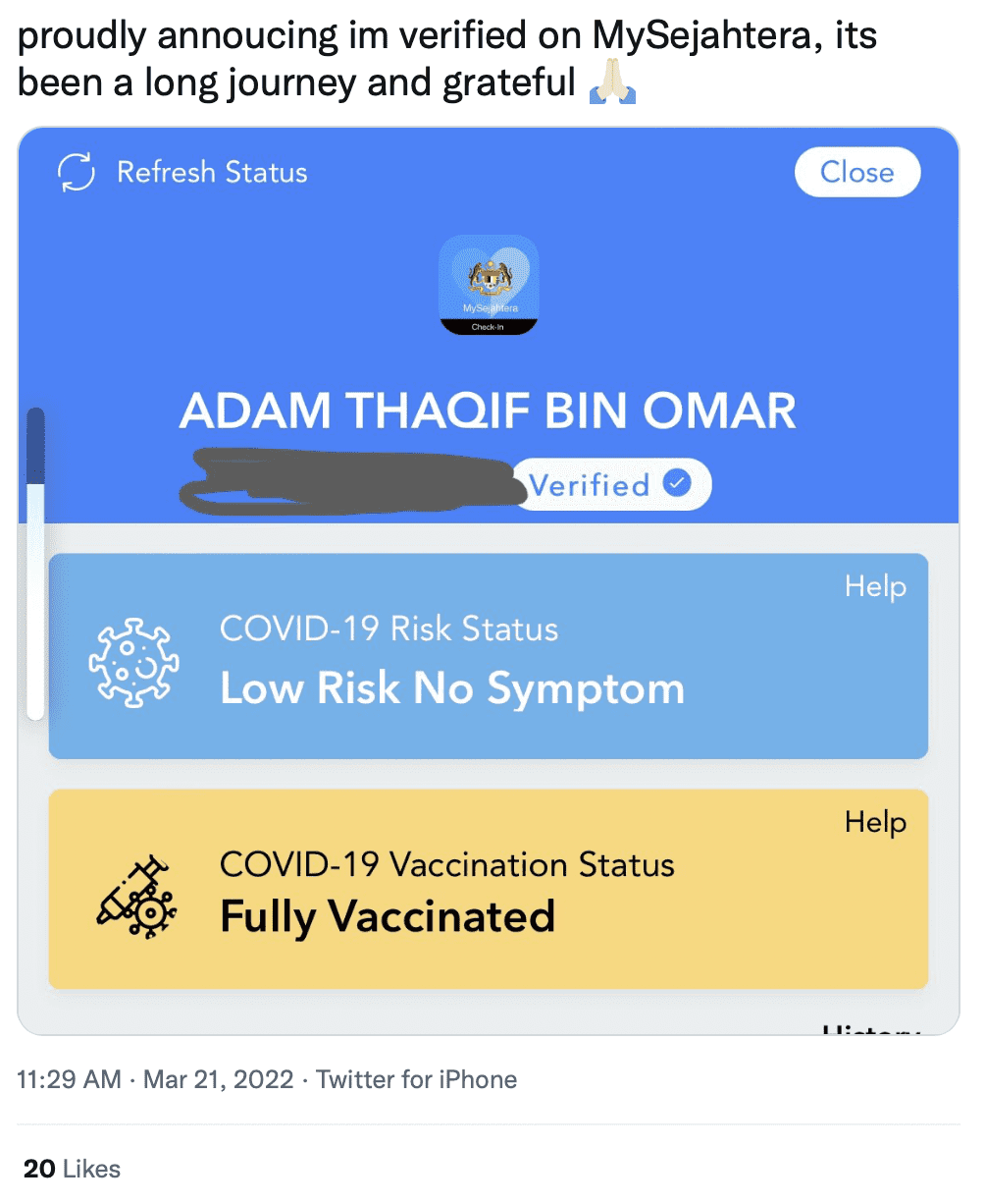 MySejahtera Blue tick verification comment 10