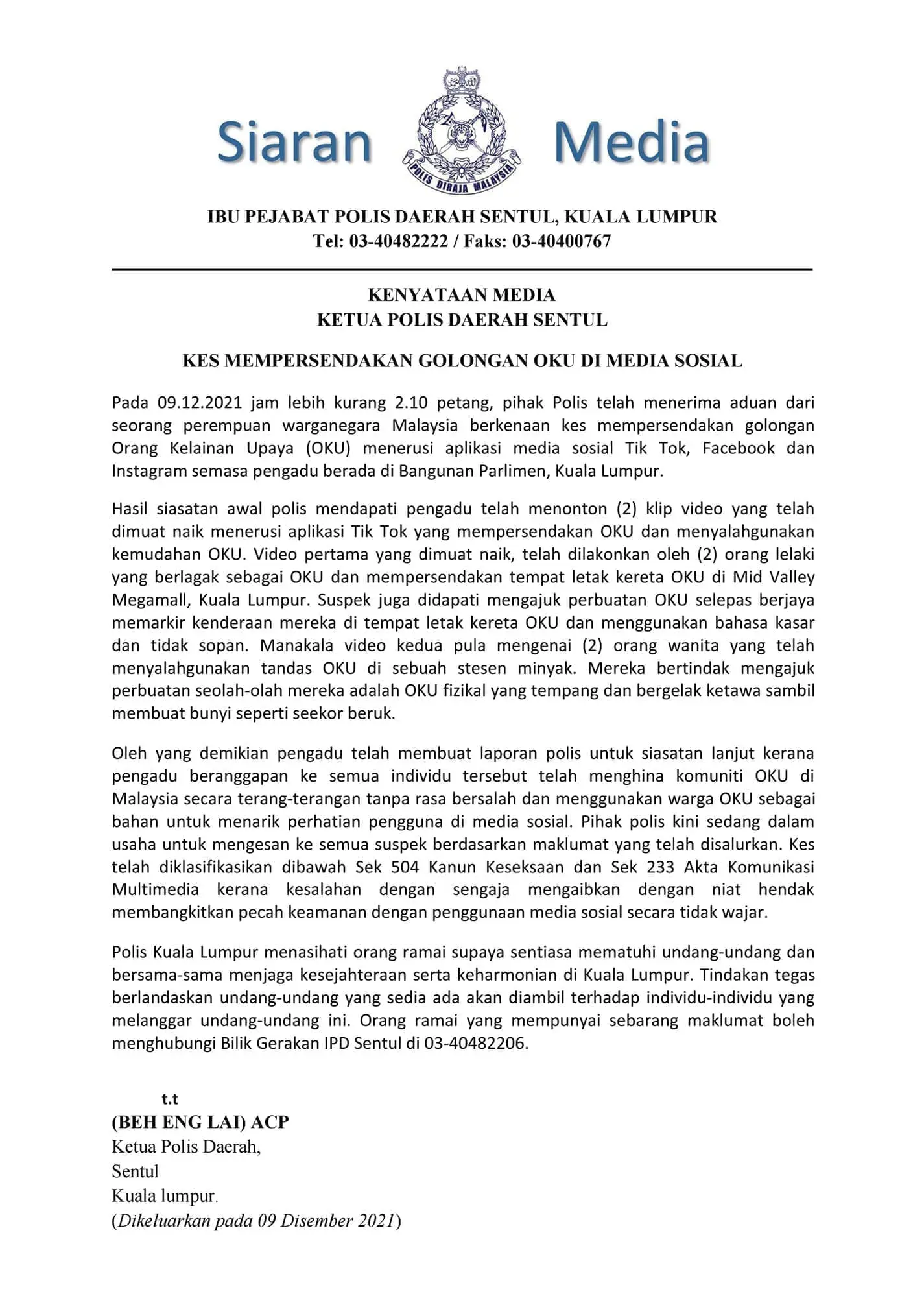 Press release on netizen mocking at OKU