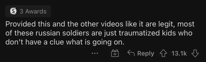 Russian soldier sipping tea and eating treated by Ukrainian comment 2