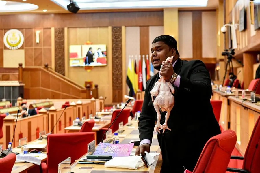 Hulu Kinta assemblyman Muhamad Arafat Varisai brought a chicken to state assembly