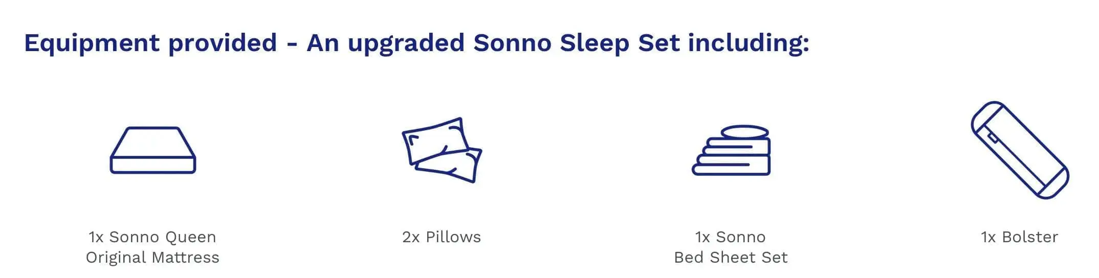 Equipment include 1 Queen Size Mattress, 2 pillows, 1 set bedsheet and 1 Bolster.