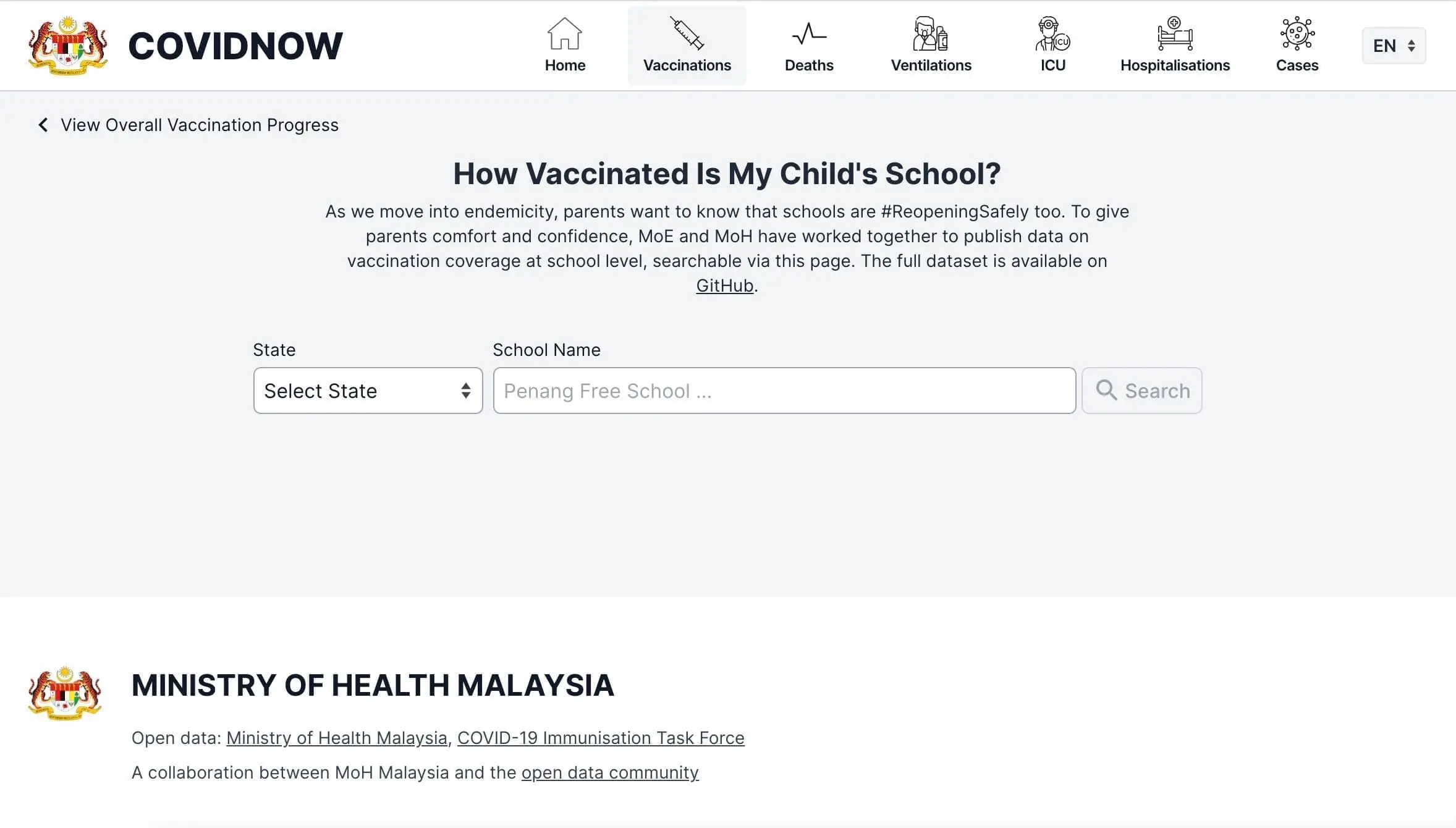 "School Search" page for vaccination rate in schools