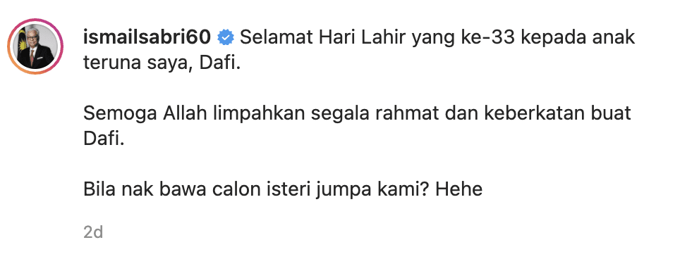 Ismail Sabri wishing Dafi Happy Birthday