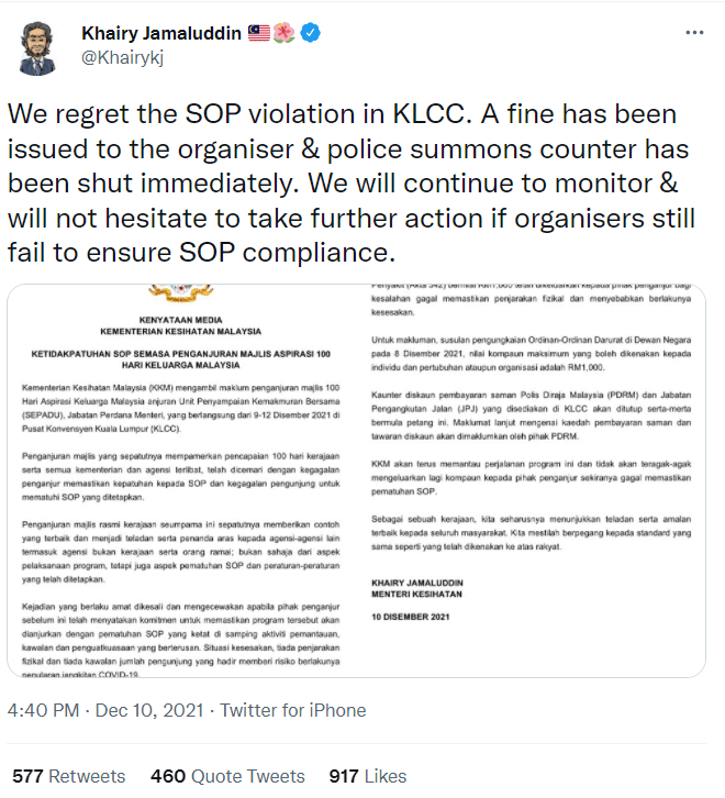 Organiser of 100-Day Aspirasi Keluarga Malaysia fined RM1000 for SOP violation