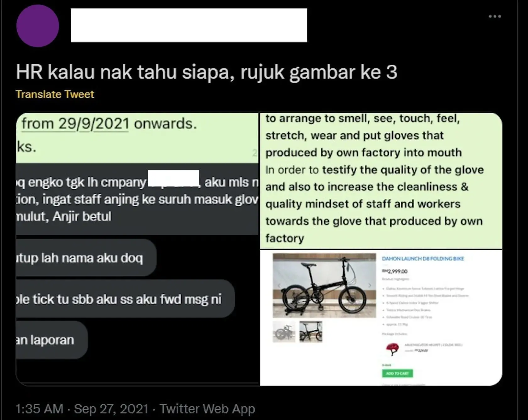 Deleted tweet exposing company's request for employee to test glove quality through bizarre procedure.