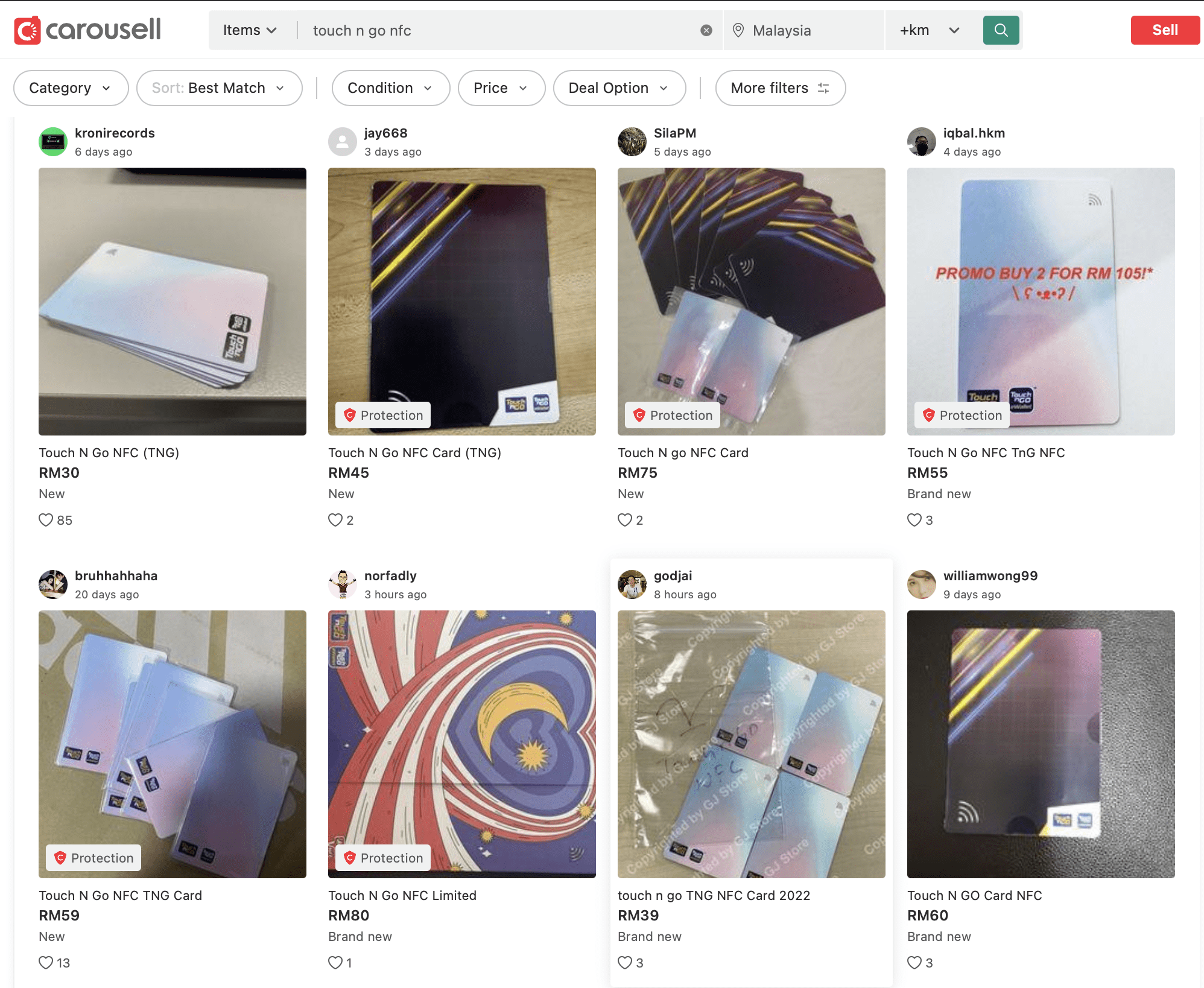 Touch 'n Go selling at RM75 on Carousell