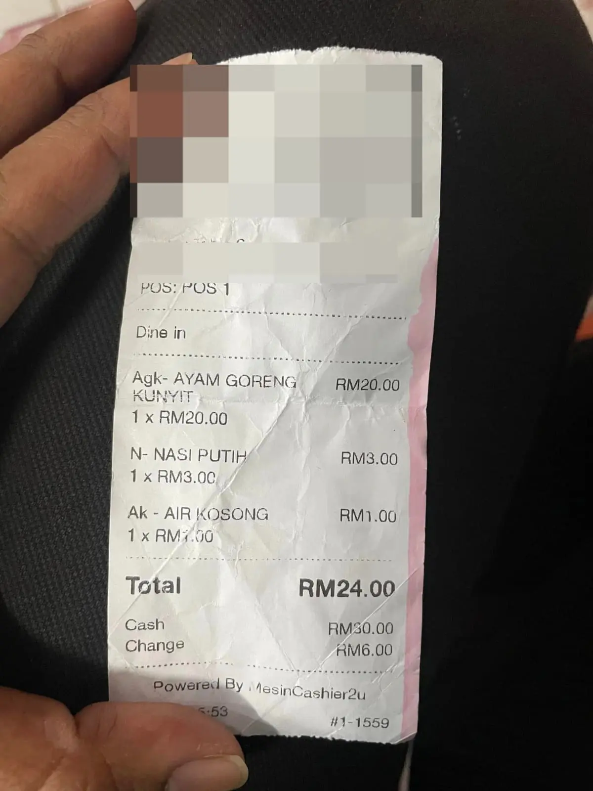a bill from Langkwai restautant that charged a customer RM23 for Nasi Ayam Goreng Kunyit