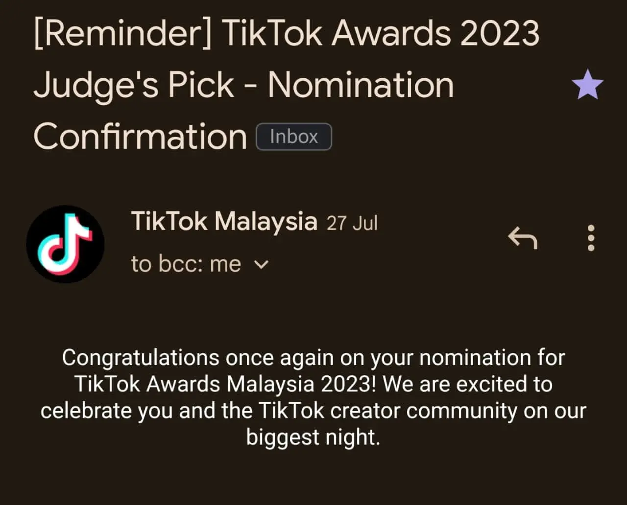 aimonnn_ TikToker's notification on being nominated for TikTok Awards Malaysia 2023