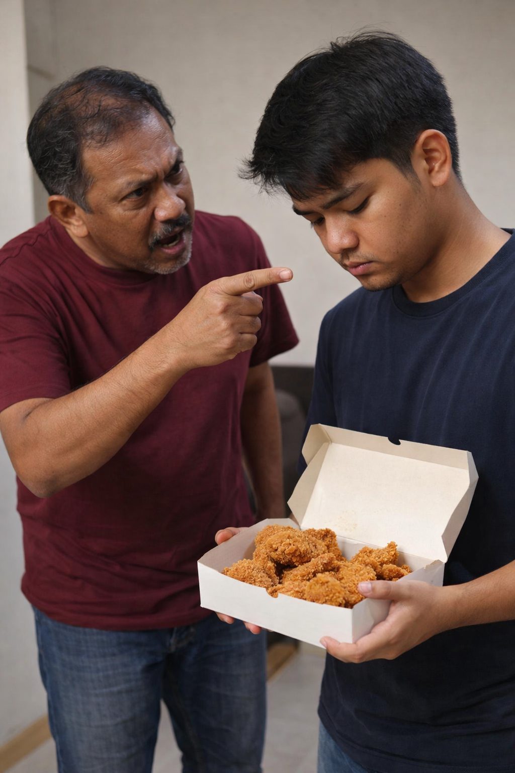 AI image of man scolding son over fried chicken