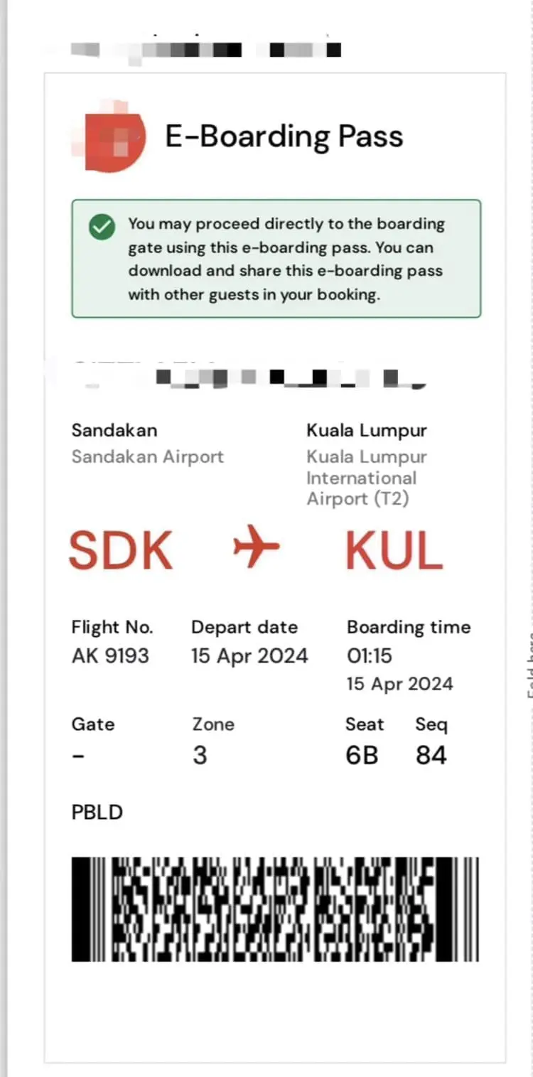 AirAsia ticket from Sandakan to KL