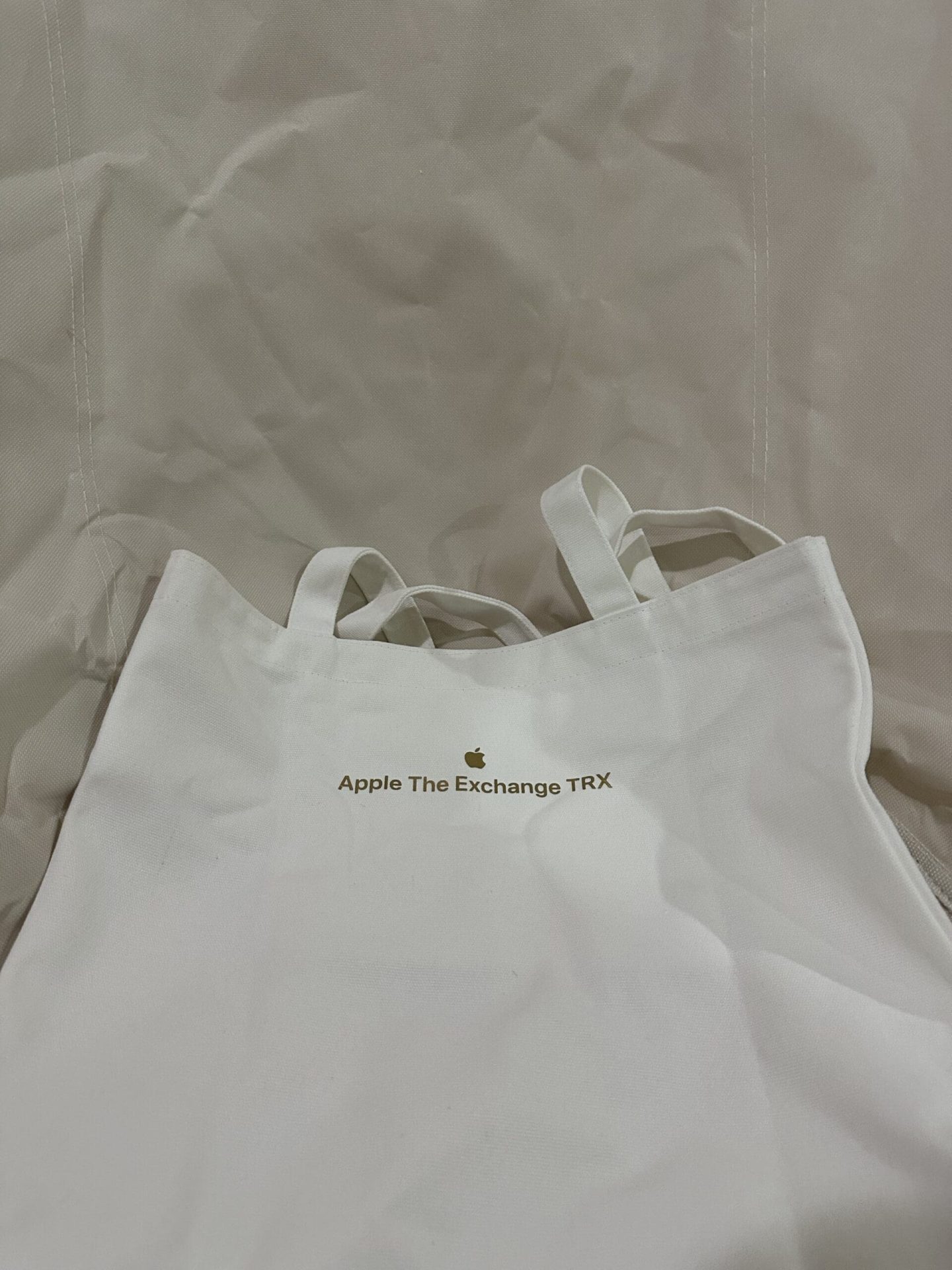 apple tote bag behind view