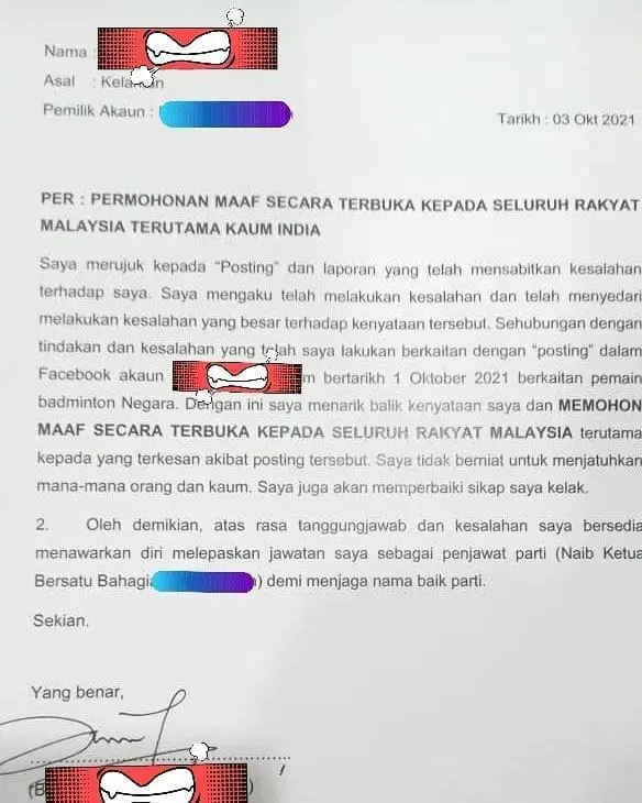 Borhan Che Rahim posted a lengthy statement on his Facebook account and apologised to all Malaysians for his racist remarks towards Kisona yesterday.