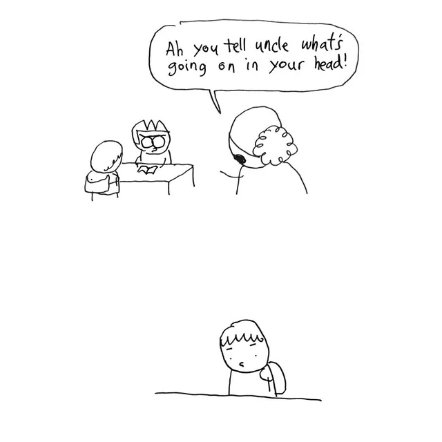 Boy keeps quiet in front of Cheeming Boey