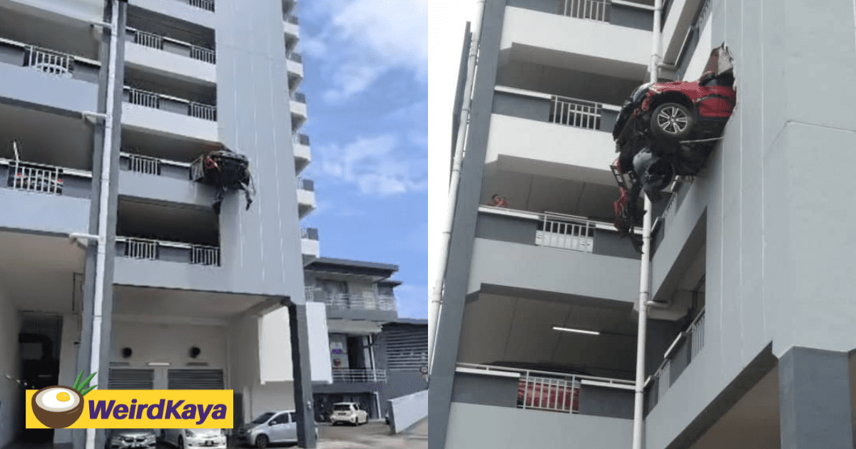 Car Smashes Through Wall Of Parking Lot At Serdang Hospital, Dangles Off 2nd Floor