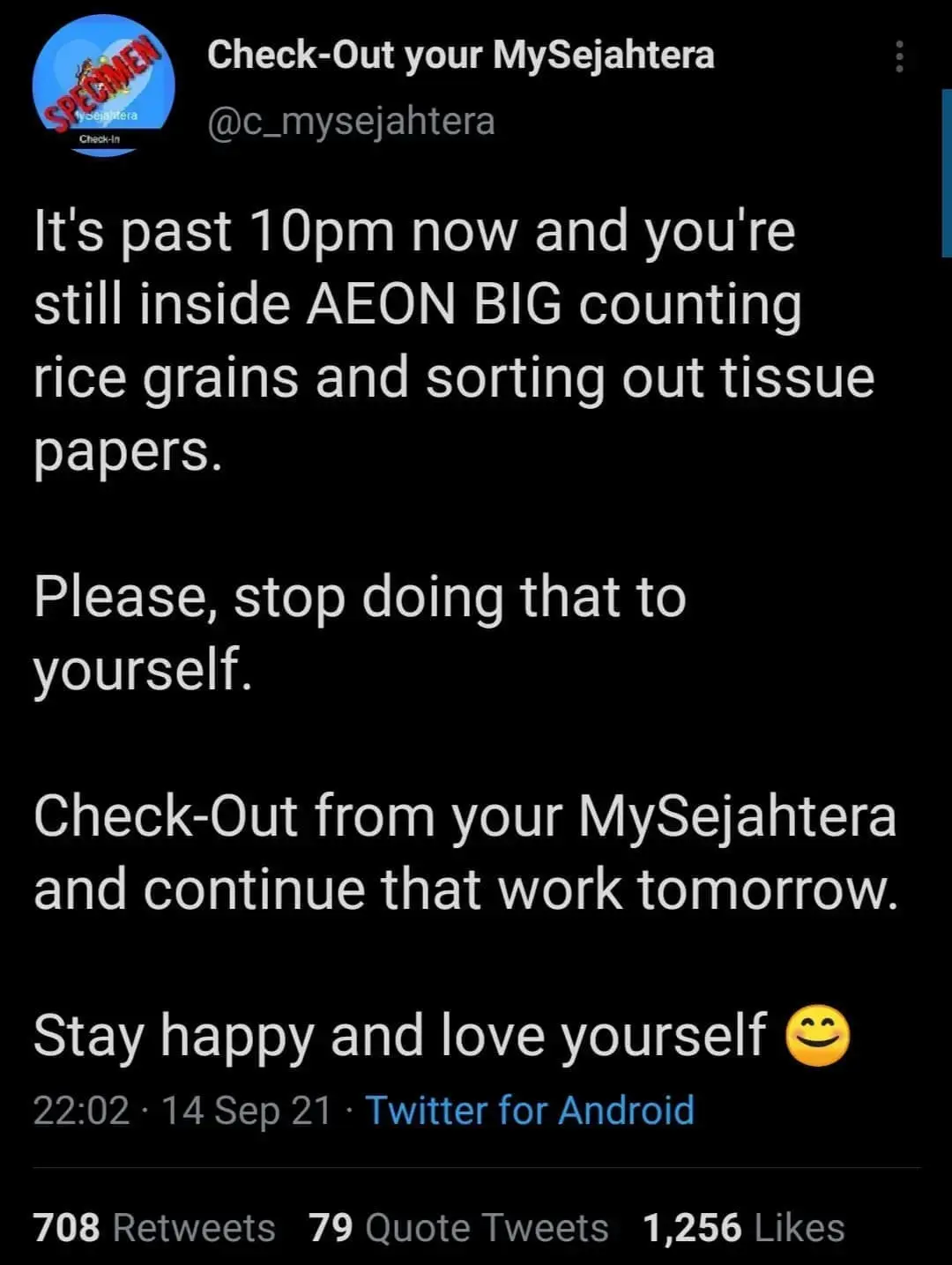 Screenshot from twitter @c_mysejahtera. Satire account by creative Malaysians. 