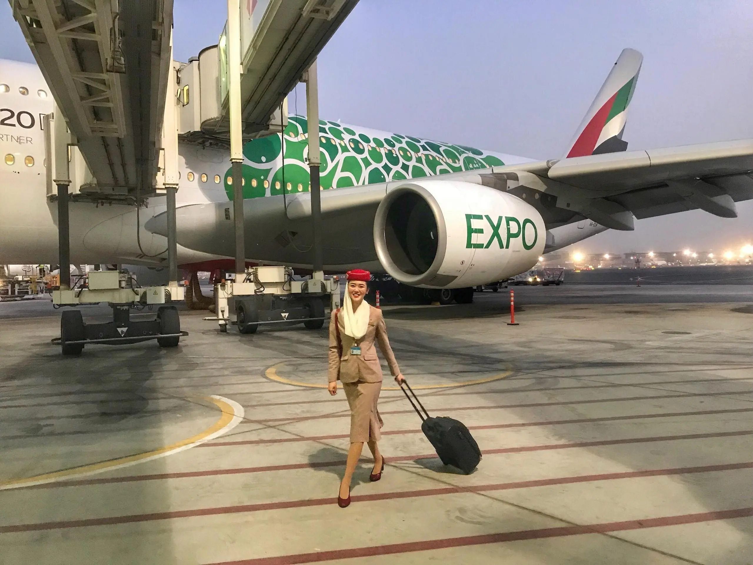 Claire working as flight attendant