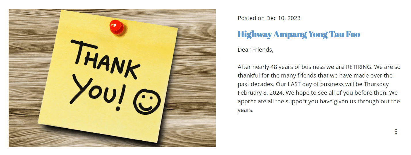 Highway Ampang Yong Tau Foo's closure notice